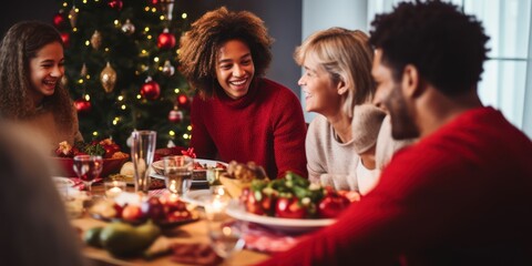 Obraz na płótnie Canvas Happy and diverse family in a christmas dinner in a modern home