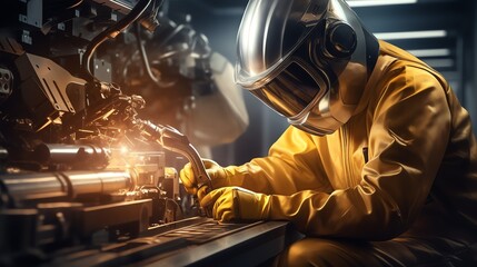 a man wearing a protective suit and helmet working on a machine - obrazy, fototapety, plakaty