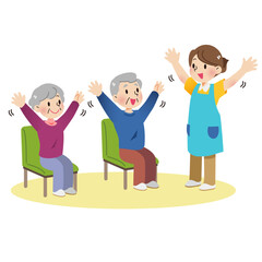 椅子に座り健康体操をするシニアとスタッフ