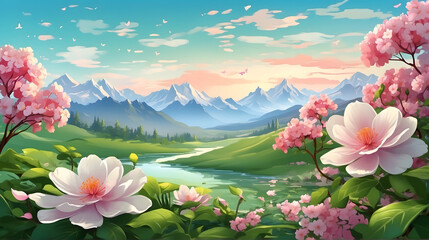 Cherry Blossom and White Flowers in Beautiful Environment Spring Festival Art