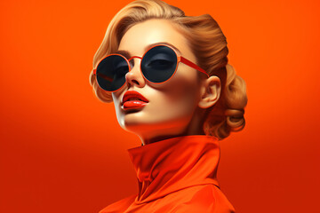 Fashion portrait of a woman with sunglasses in orange clothing in front of an orange background