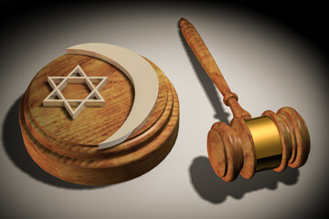 The symbol of Judaism and Islam on the hammer of justice. A symbol of crime and the wrongness of any war.