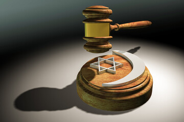 The symbol of Judaism and Islam on the hammer of justice. A symbol of crime and the wrongness of any war.