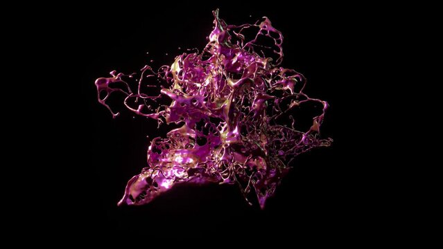Abstract liquid splash in 3D animation, featuring iridescent hues and dynamic fluid motion against a dark backdrop.