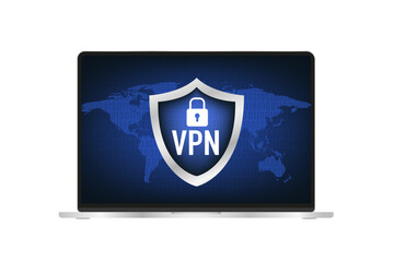 VPN service. Laptop with secure VPN connection concept. Virtual private network. Cyber security, secure web traffic, data protection. Internet security software for computers. Vector illustration