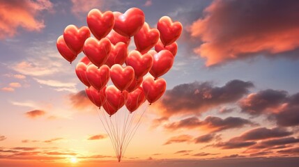 Fototapeta premium Bouquet of 100 balloons in the form of hearts in the clouds in the sky, with pronounced clouds, film photography, in a romantic style