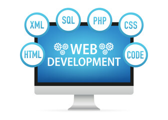 Web Development concept. Programming and coding. Computer with virtual screens on white background. Website development, web design. Vector illustration