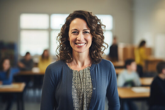 teacher in front of classroom stock photo