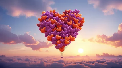 Gardinen Bouquet of 100 balloons in the form of hearts in the clouds in the sky, with pronounced clouds, film photography, in a romantic style © masyastadnikova