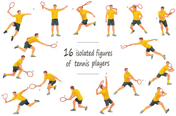 16 figures of a tennis player in yellow sportswear standing, running, rushing, jumping, hitting, serving, receiving the ball