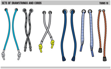 SET OF DRAWSTRINGS AND CORD FOR WAIST BAND, BAGS, SHOES, JACKETS, SHORTS, PANTS, DRESS GARMENTS, DRAWCORD AGLETS FOR CLOTHING AND ACCESSORIES VECTOR ILLUSTRATION