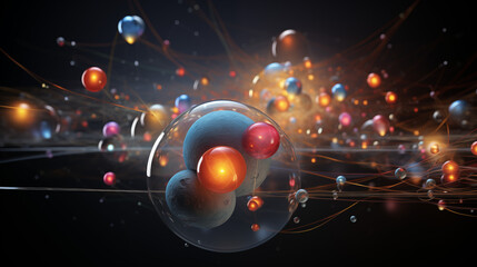 Fiction illustration of a group of atoms, nuclei and electrons in dynamic motion in subatomic matter for scientific journals on physics, chemistry and atomic science. Micro and nano universe concept - obrazy, fototapety, plakaty