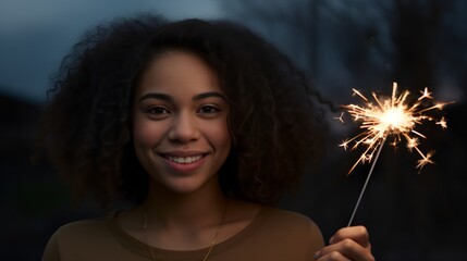 African American young woman holding a New Year sparkler and smiling