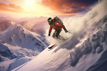 Naklejka na ściany i meble Real professional snowboarder rides at off-piste ski slope. Winter sports concept