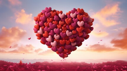 Bouquet of 100 balloons in the form of hearts in the clouds in the sky, with pronounced clouds,...
