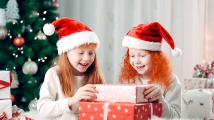 Fototapeta na wymiar Children with Christmas gifts, happy red-haired girls in Santa Claus hats open gifts near the Christmas tree. Banner. Copy space