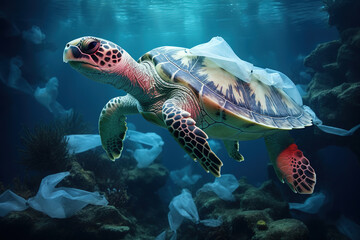 Obraz na płótnie Canvas plastic crisis save the ocean A plastic bag a turtle