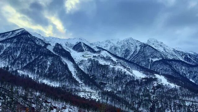 Winter view of the mountains Krasnaya Polyana, Rosa Khutor, Olympic Village, Estosadok, Sochi