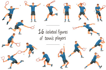 Fototapeta na wymiar 16 figures of a male tennis player in a blue casual uniform in various poses and movements playing a set at a tournament