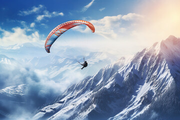 Paragliding in high mountains, winter time - obrazy, fototapety, plakaty