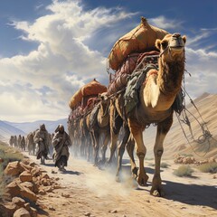 A camel caravan in the desert. Great for stories of adventure, the desert, Sahara, nomads, Middle East and more. 