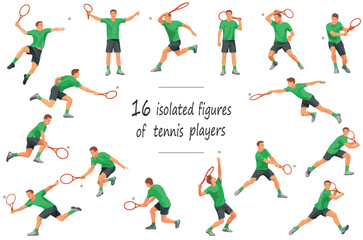 16 figures of a tennis player in green shirt running, rushing, jumping, serving the ball, receiving the ball
