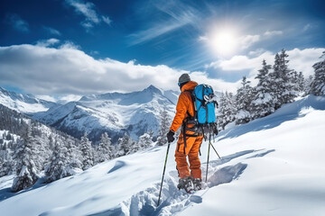Fototapeta na wymiar Mountaineer backcountry ski waling in the mountains. Ski touring in high alpine landscape with snowy trees. Adventure winter extreme sport.