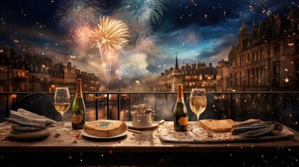 New Years celebration with fireworks and champagne glasses at night comeliness