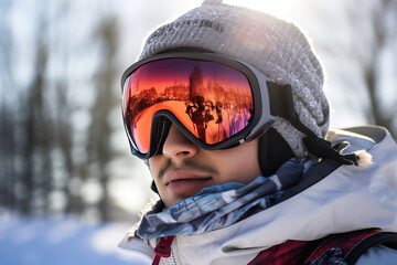 Fototapeta na wymiar Man in ski goggles. Close-up of a young man in a mask in winter on a ski slope on a sunny day