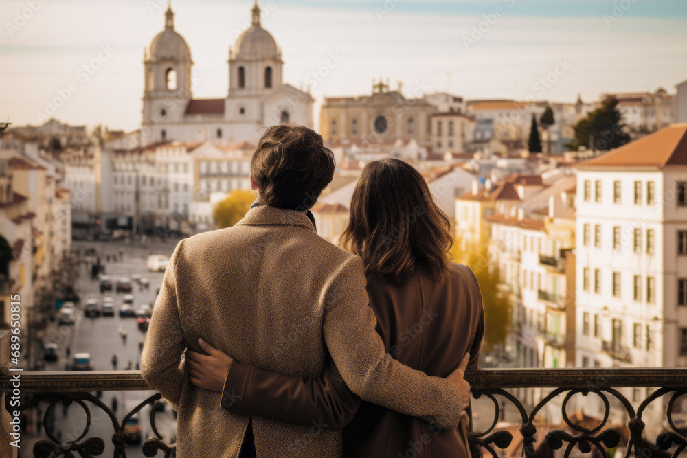 Wall mural romantic couple overlooking the historic cityscape of lisbon at sunset - Wall murals