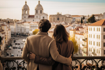 Romantic Couple Overlooking the Historic Cityscape of Lisbon at Sunset - obrazy, fototapety, plakaty