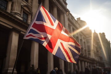 Flag of Great Britain, United Kingdom. City of London flag background. London Big Ben, Elizabeth tower in England. Flag of England and the United Kingdom, UK. Great Clock and Union Jack of England - obrazy, fototapety, plakaty