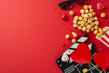 Love Reel Unveiled: Overhead view capturing a clapperboard, 3D glasses, scattered popcorn,...