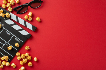 Concept for a cozy Valentine's Day: Top view of producer's clapperboard, 3D glasses, scattered...