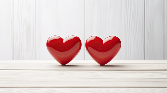 Two red hearts symbolizing a couple, relationship and love on a wooden background with space for text.