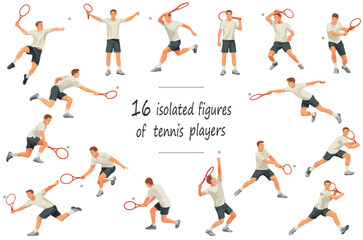 16 isolated figures of a tennis player in white casual sportswear standing, running, rushing, jumping, hitting, serving, receiving the ball