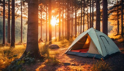 Idyllic autumn forest: Wonderful campsite in sunset scenery with warm color. Lifestyle weekend trip...