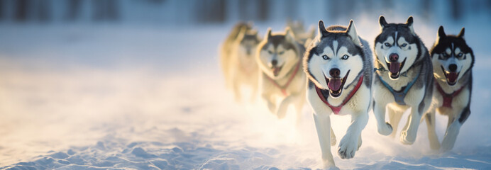 A thrilling winter race showcasing speed, skill, and the majestic beauty of huskies. - obrazy, fototapety, plakaty