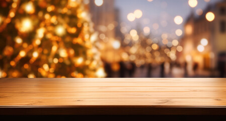City lights shimmer behind an empty wooden table, festive ambiance
