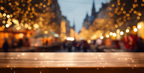 city's festive glow, an empty wooden table awaits