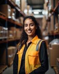 Portrait of cute warehouse female worker standing in large warehouse distribution center - obrazy, fototapety, plakaty