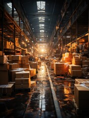 Retail warehouse with goods in boxes, with pallets and forklifts. Product distribution center