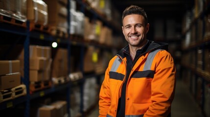 Fototapeta premium Portrait of warehouse male worker standing in large warehouse distribution center