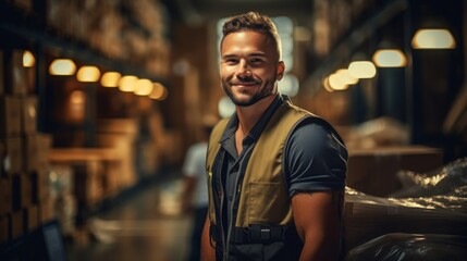 Fototapeta premium Portrait of warehouse male worker standing in large warehouse distribution center