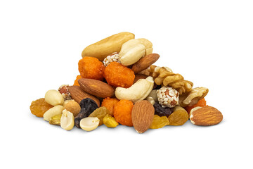 Assorted nuts and raisins. Isolated on transparent background.