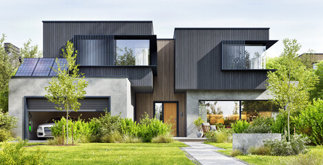 Modern Architecture Home. House Design with Solar Charging Station and Electric Car - obrazy, fototapety, plakaty