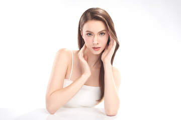 Beautiful young woman with clean fresh skin on white background, Face care, Facial treatment, Cosmetology, beauty and spa, women portrait.