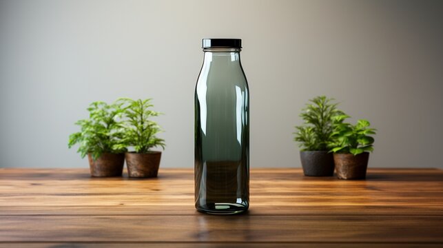 Dark glass water bottle on wooden table flask mockup