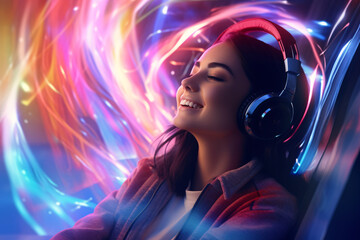 A woman enjoying listening to music with headphones on, neon lights, energetic atmosphere