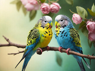 Two Parrots Perched on a Branch, Pair of Parrots on a Tree Limb, Two Colorful Parrots on a Branch, Duo of Parrots Sitting on a Tree Branch, a Couple of Parrots on a Perch
